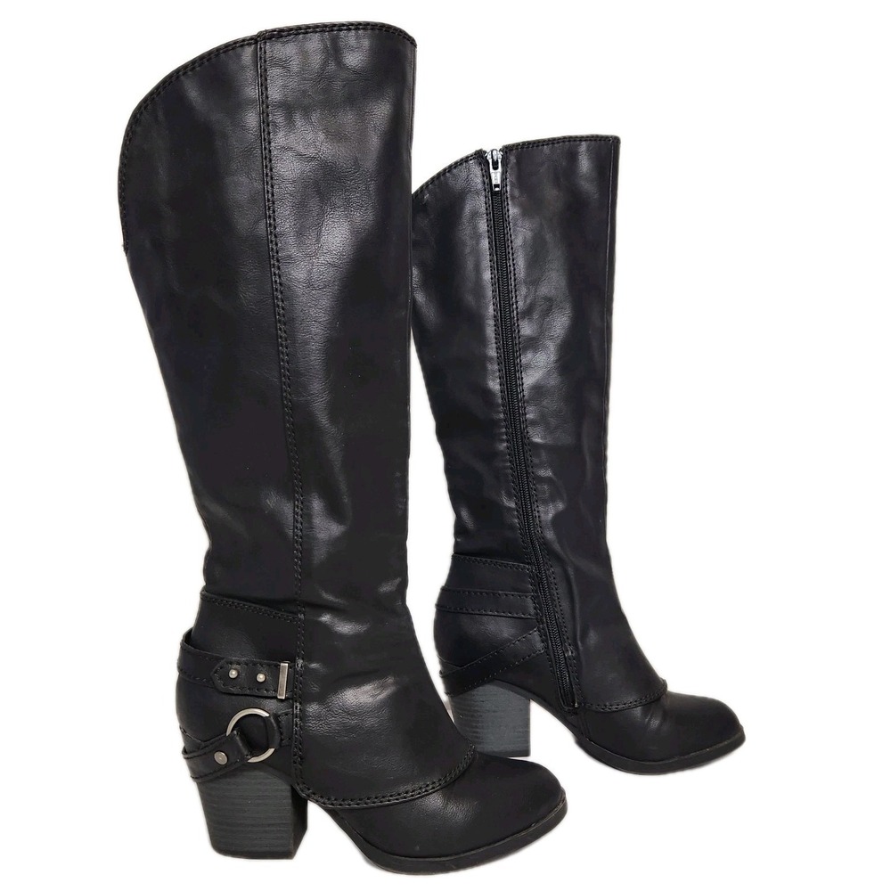 American Rag Co AEBONI Womens Black Knee High Boots Sz 5M Block Heel Harness Zip - Picture 2 of 16